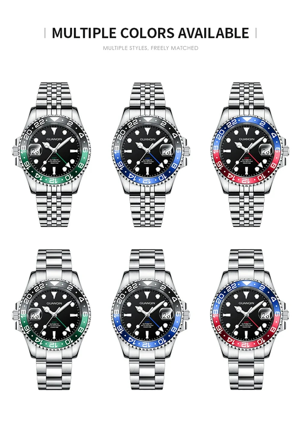 GUANQIN GMT Men's Watches 2025 New Automatic Watch Men NH34 Mechanical Wristwatch Sapphire Glass Stainless Steel Clock Left Hand