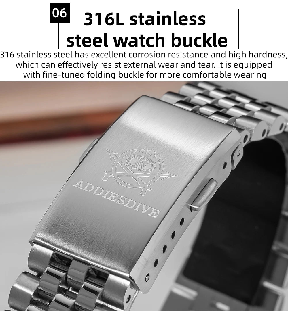 Reloj para hombre ADDIESDIVE AD2073, cristal de zafiro, 36mm, VH31, esfera sunburst, cuarzo, 10Bar, impermeable para buceo, luminoso