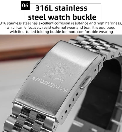 Reloj para hombre ADDIESDIVE AD2073, cristal de zafiro, 36mm, VH31, esfera sunburst, cuarzo, 10Bar, impermeable para buceo, luminoso