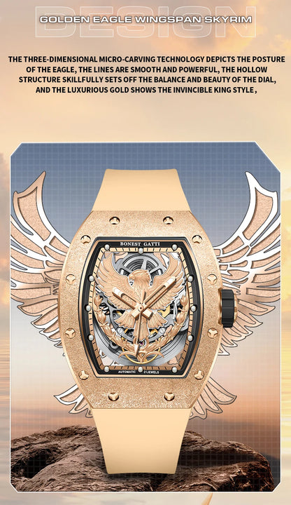 BONEST GATTI Luxury Men's Hollow Automatic Mechanical Watches Tonneau Sapphire Crystal Luminous Hollow Eagle Dial Rubber Straps