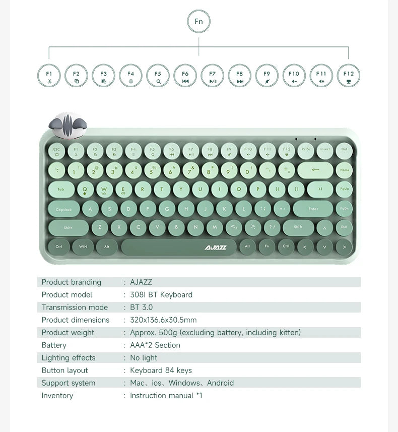 Tastiera wireless Ajazz 308I 18/84 tasti con keycap rotondi, tastiera Bluetooth portatile 2.4GHz con tastierino numerico per tablet, laptop e Android