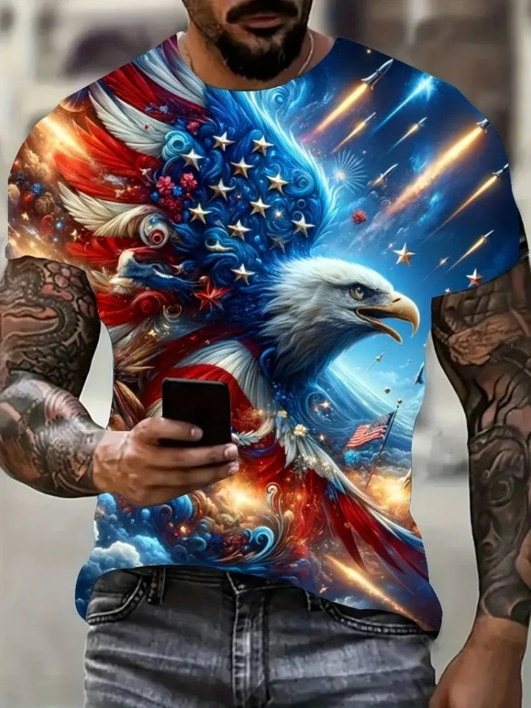 Patriottisch 3D-T-shirt voor heren met adelaarprint, casual ronde hals, korte mouwen, pullover voor zomerse mode en outdooractiviteiten, herenkleding