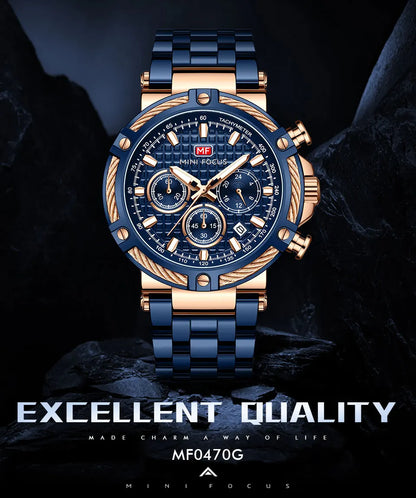 MINI FOCUS Black Stainless Steel Quartz Watch Men Fashion Luminous Dress Wristwatch with Date 24-hour Display Chronograph 0470