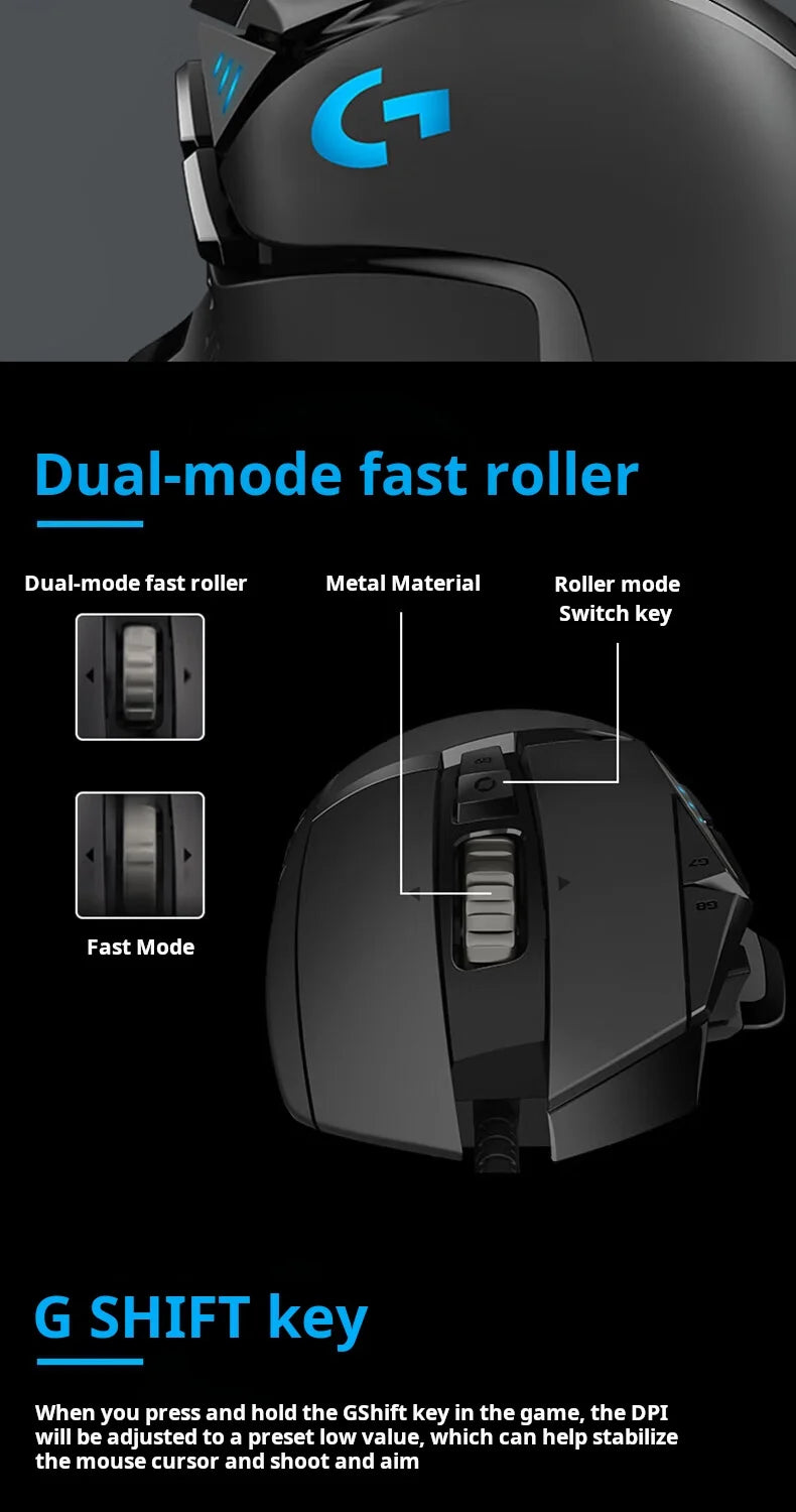 Ratón gaming con cable Logitech G502 HERO de alto rendimiento, sensor HERO 25K, 25,600 DPI, RGB, pesos ajustables, 11 botones, ratón para PC/Mac