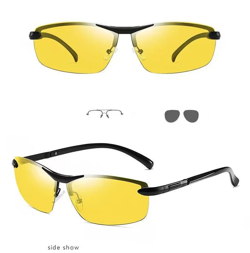 KLASSNUM Men Fashion Cycling Rimless Sunglasses Photochromic Polarized Shades Color Changing Fishing Car Driving Yellow Glasses