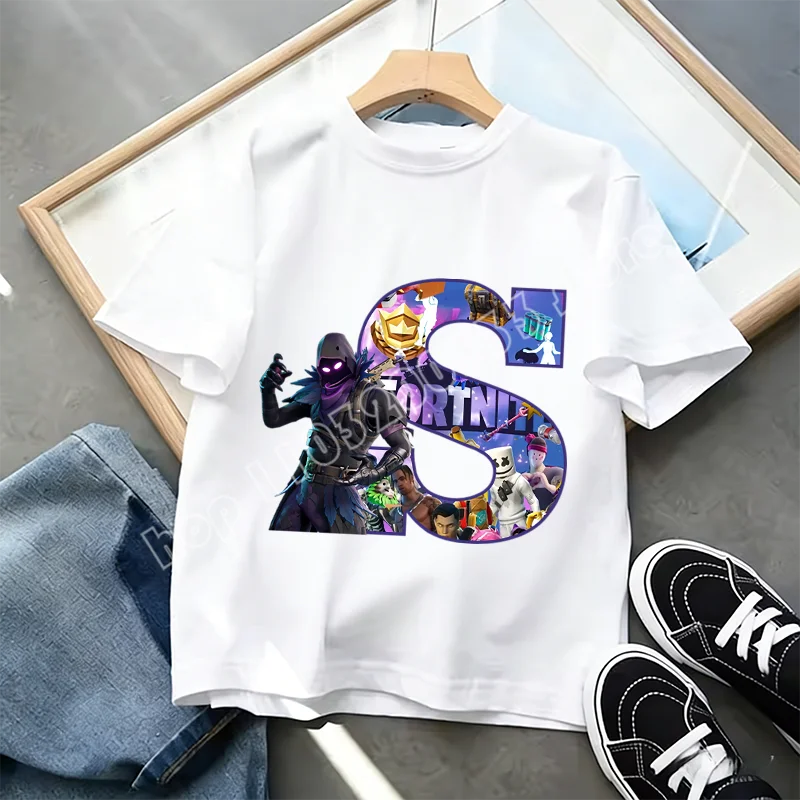 Fortnite A-Z Alphabet Print T-Shirt Summer Kids White Clothing Popular Cartoon Game T-Shirt Fashion Casual Short Sleeve Top Gift