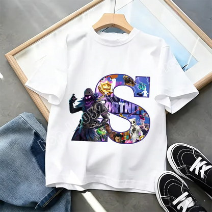 Fortnite A-Z Alphabet Print T-Shirt Summer Kids White Clothing Popular Cartoon Game T-Shirt Fashion Casual Short Sleeve Top Gift