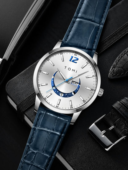 Orologio al quarzo TOMI, dallo stile elegante e professionale, con cinturino in pelle, cassa in lega e quadrante con lancette – Design di alta gamma, idea regalo per uomo