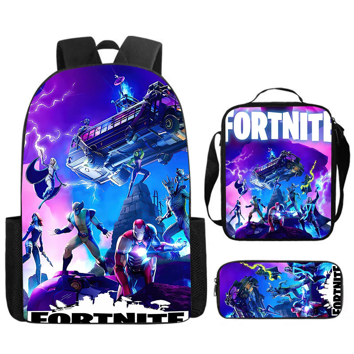 Cute Cartoon 3pcs Set School Backpack with Lunch Bag and Pencil Case, Large Anime Fortnite Kids School Bags for Boys and Girls