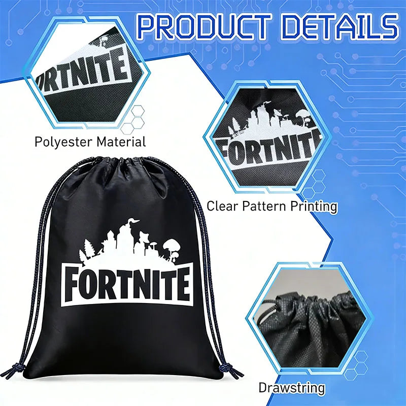 Fortnight Themed Series Black/Silver Small Drawstring Bag Portable Storage Cartoon Pocket Gifts for Birthday Party Arrangements