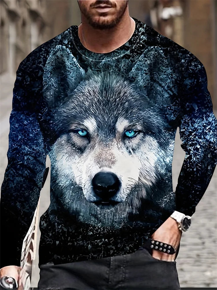 2024 Neues Herren-Langarmshirt mit Wolf-Print – lässiges Herren-Shirt für Frühling und Herbst, Street-Fashion-Langarmshirt