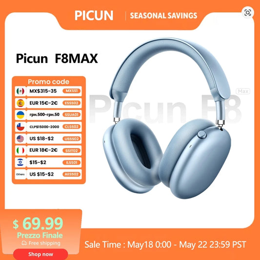 Picun F8MAX ANC Wireless Headphone 59dB Hybrid Active Noise Canceling Spatial Audio Earphone Bluetooth 6.0 Over Ear Headset 180H