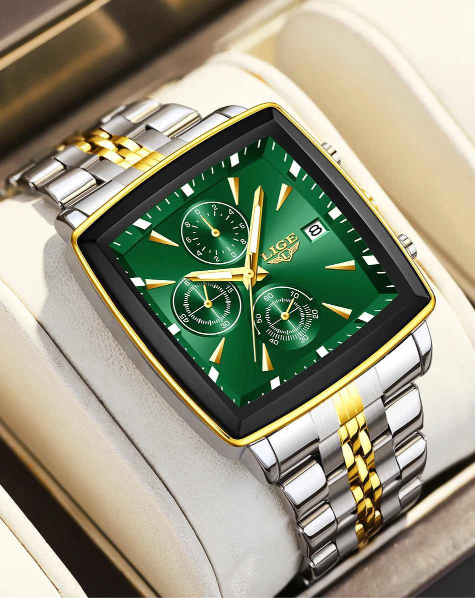 LIGE luxury men’s watches, square model, classic and trendy style, stainless steel, water-resistant, sporty and casual, with quartz movement.