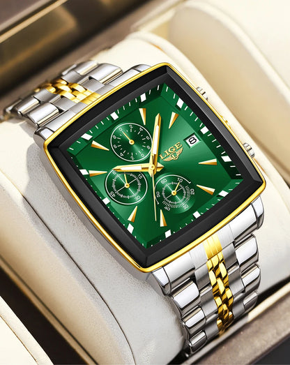LIGE luxury men’s watches, square model, classic and trendy style, stainless steel, water-resistant, sporty and casual, with quartz movement.