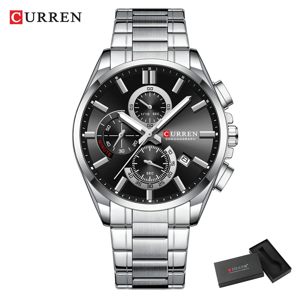 Montre homme CURREN, marque de luxe, originale, étanche, en acier inoxydable, chronographe, phase de lune, date, cadran rotatif