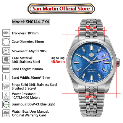 San Martin 39mm MOP Dial Sport Gada Watch Luxury Dress Men Miyota 90S5 Automatic Mechanical Wristwatch Waterproof 100m SN0144