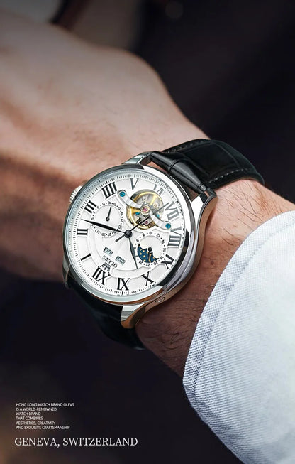 OLEVS 7013 Men's Watch Fashion Moon Phase Mechanical Watch For Men Waterproof Roman Scale Hollow Flywheel Automatic Hand Clock