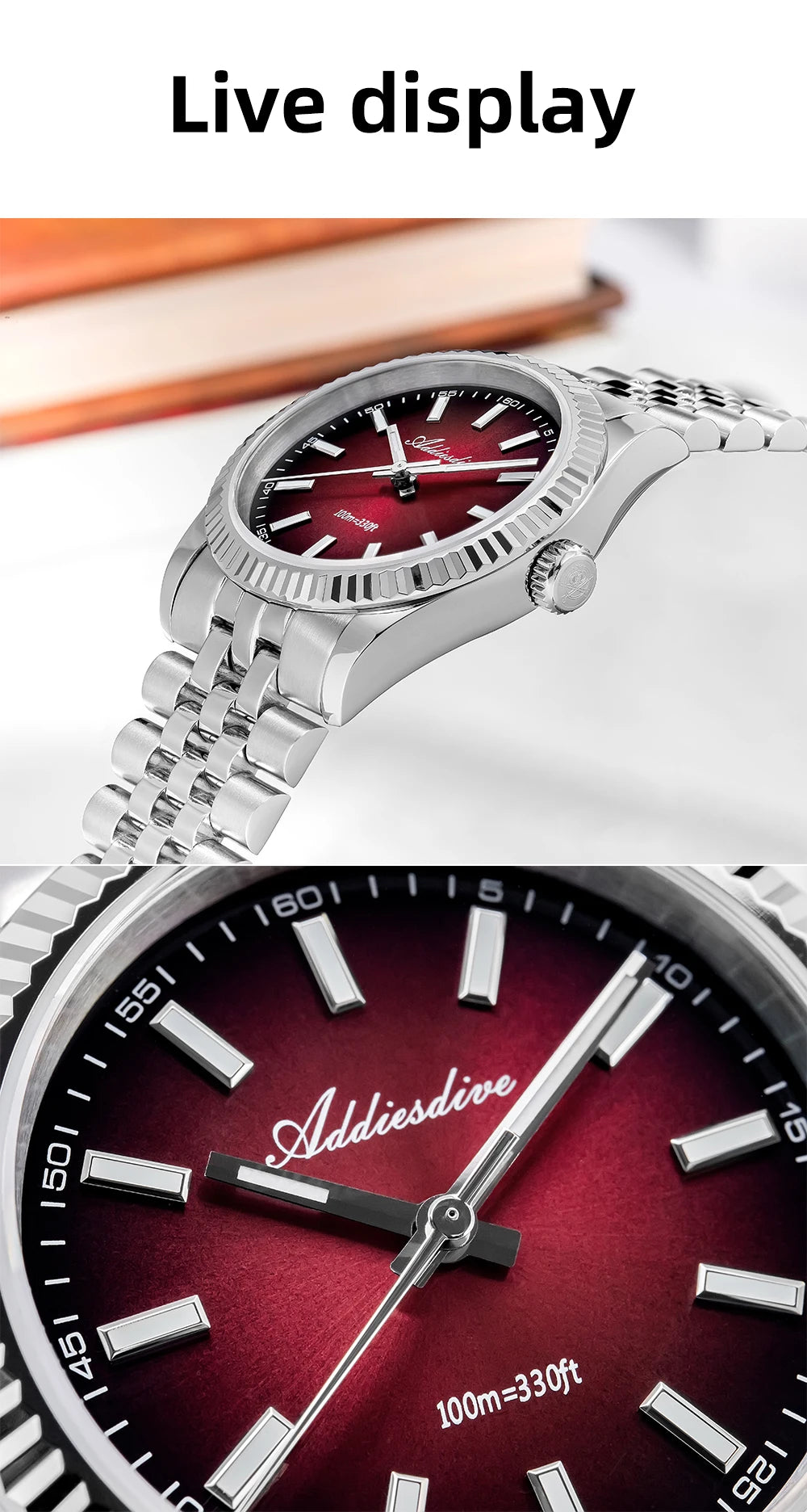Reloj para hombre ADDIESDIVE AD2073, cristal de zafiro, 36mm, VH31, esfera sunburst, cuarzo, 10Bar, impermeable para buceo, luminoso