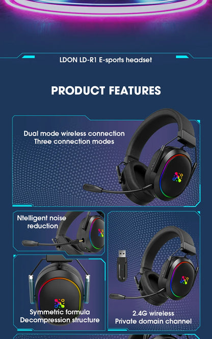 Cuffie da gaming wireless LDON per PS5 PS4, Bluetooth 2.4GHz, audio surround 3D, microfono con cancellazione del rumore, bassa latenza