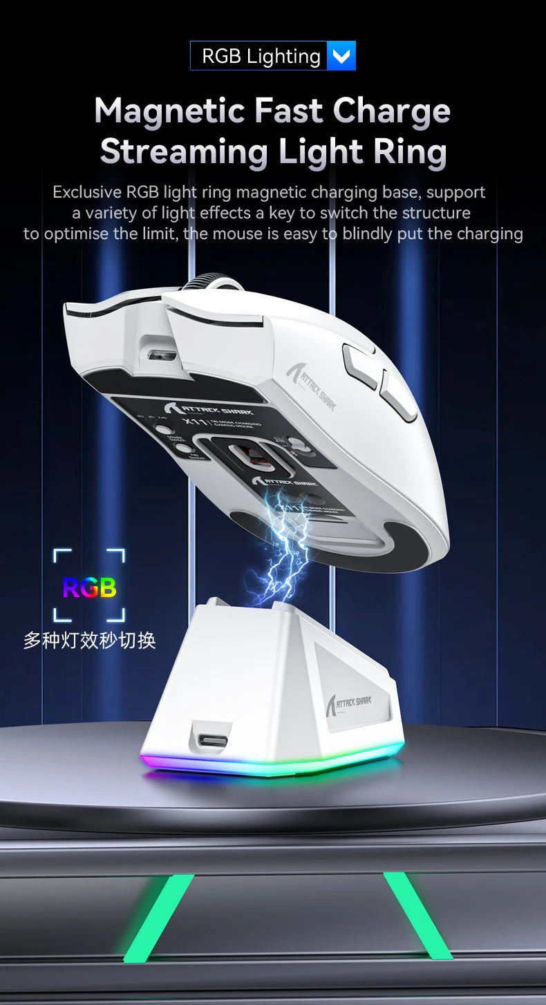 Attack Shark X11 Wireless Gaming Mouse with RGB Charging Dock, PAW3311 Sensor, 22000 DPI, Tri-Mode Bluetooth, 1000Hz Polling Rate Gaming Mouse
