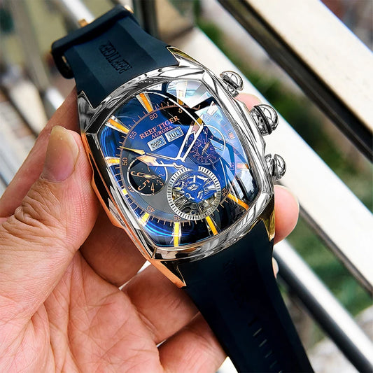 Reef Tiger 316L Stainless Steel Wine Barrel Automatic Watch Fashion Multifunction Tourbillon Mechanical Watches for Men RGA3069