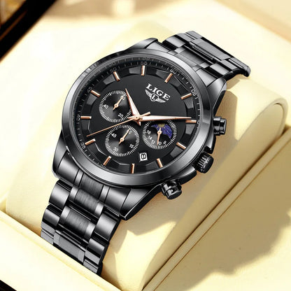LIGE Men’s Watch – Luxury quartz chronograph, water-resistant (3 bar), with luminescent hands