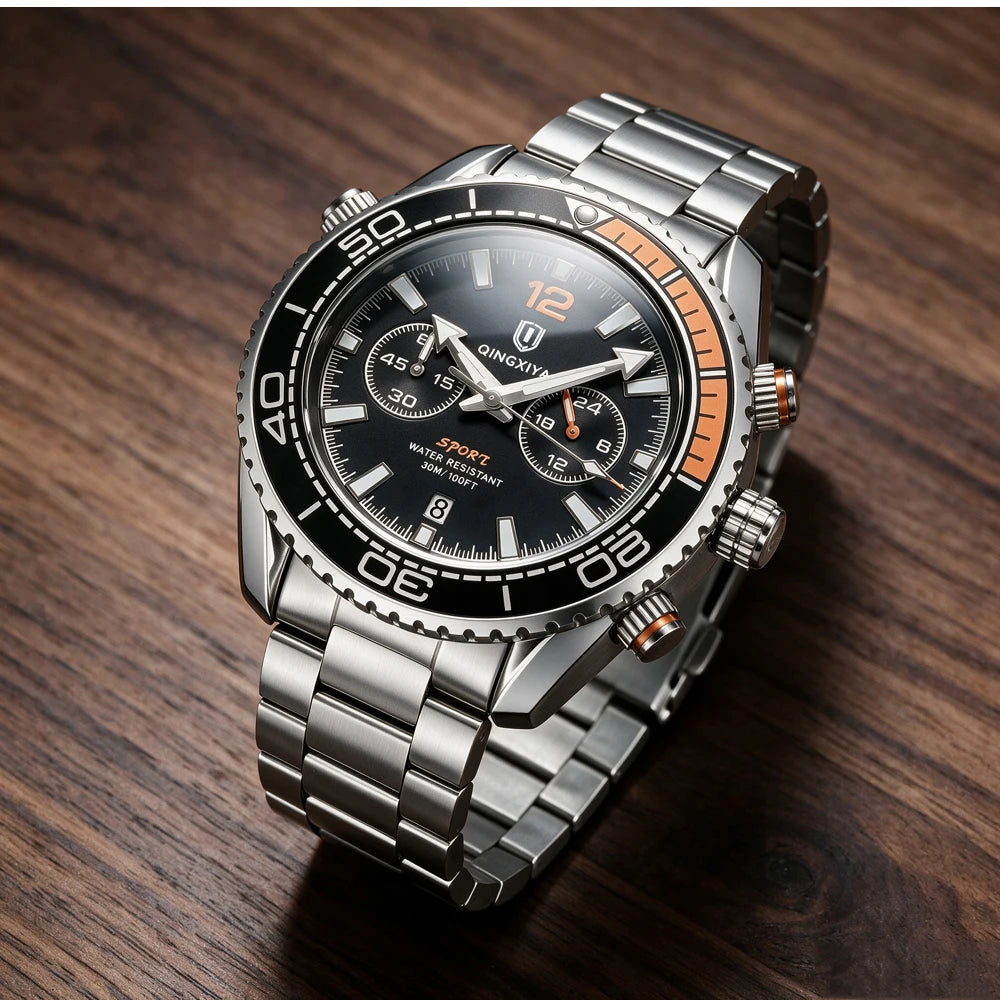 Luxury men’s wristwatch by QINGXIYA, water-resistant sports chronograph with luminous date display, casual men’s quartz watch