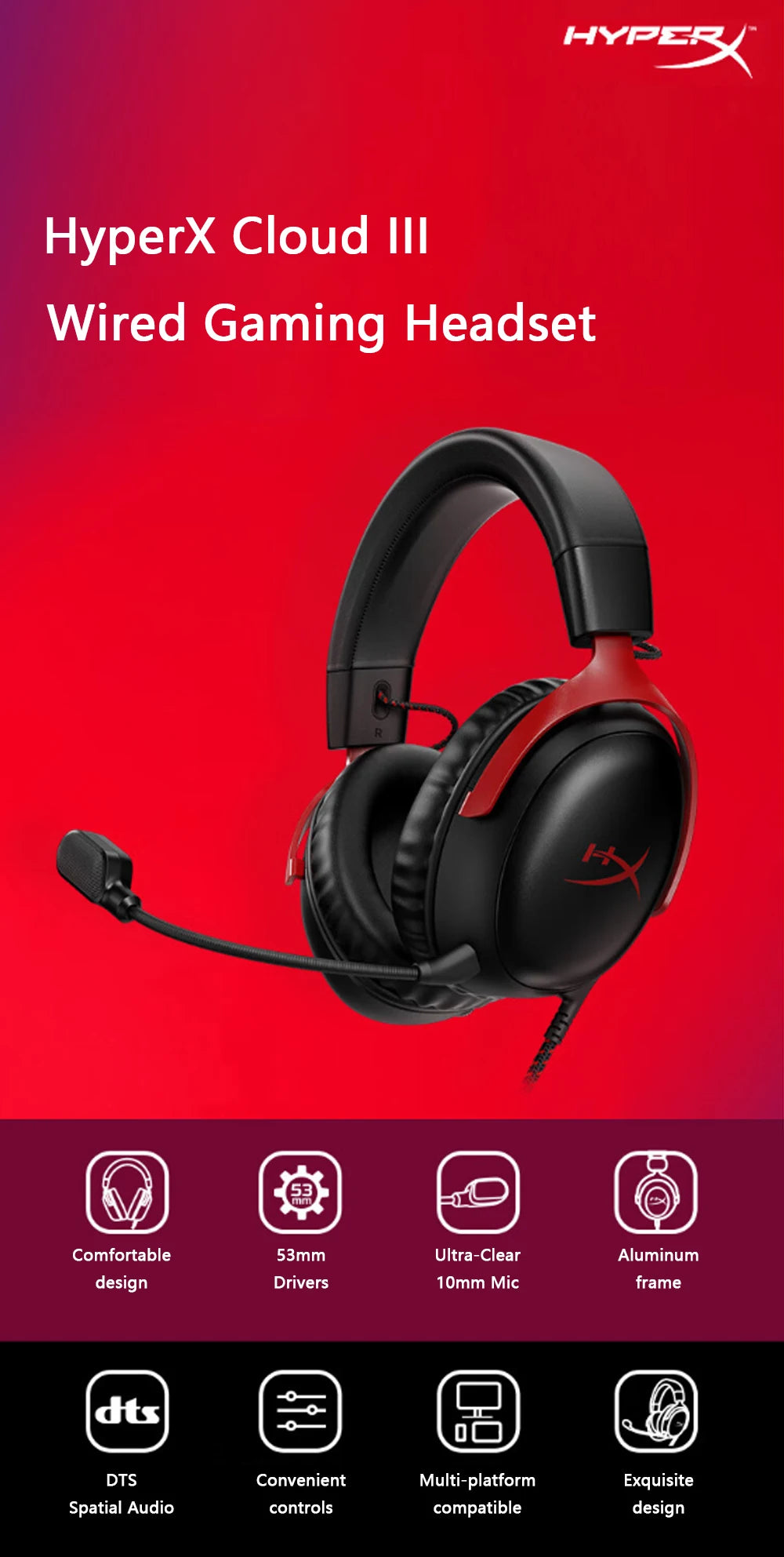 Cuffie da gaming cablate HyperX Cloud III con audio spaziale DTS X, driver da 53mm, microfono con cancellazione del rumore – Cuffie da gaming USB e 3.5mm per PC, PS5, Xbox, Switch