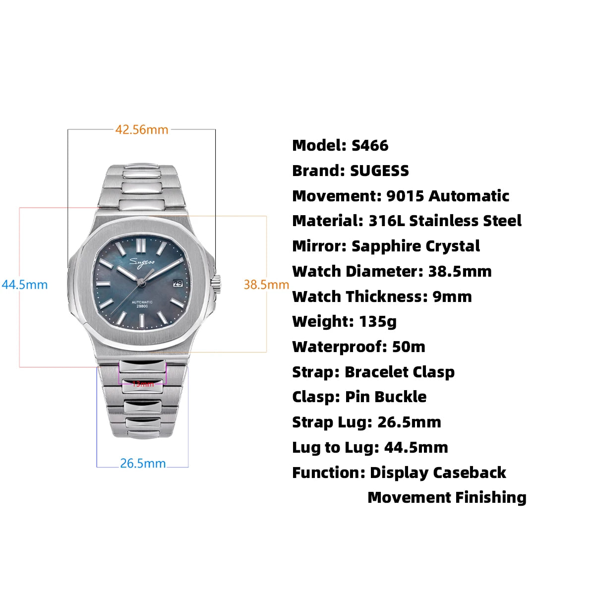 Orologio da uomo Sugess automatico meccanico da polso, movimento Miyota 9015, quadrante MOP, luminoso, impermeabile 5bar, bracciale di lusso S466