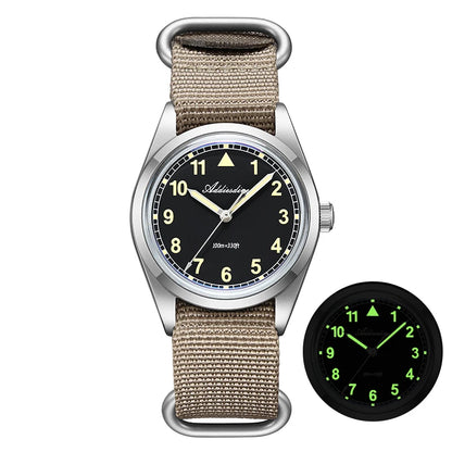 Relógio analógico masculino ADDIESDIVE 36mm com vidro espelhado bolha, 100m à prova de água, luminoso, simples, em quartzo, com bracelete em nylon