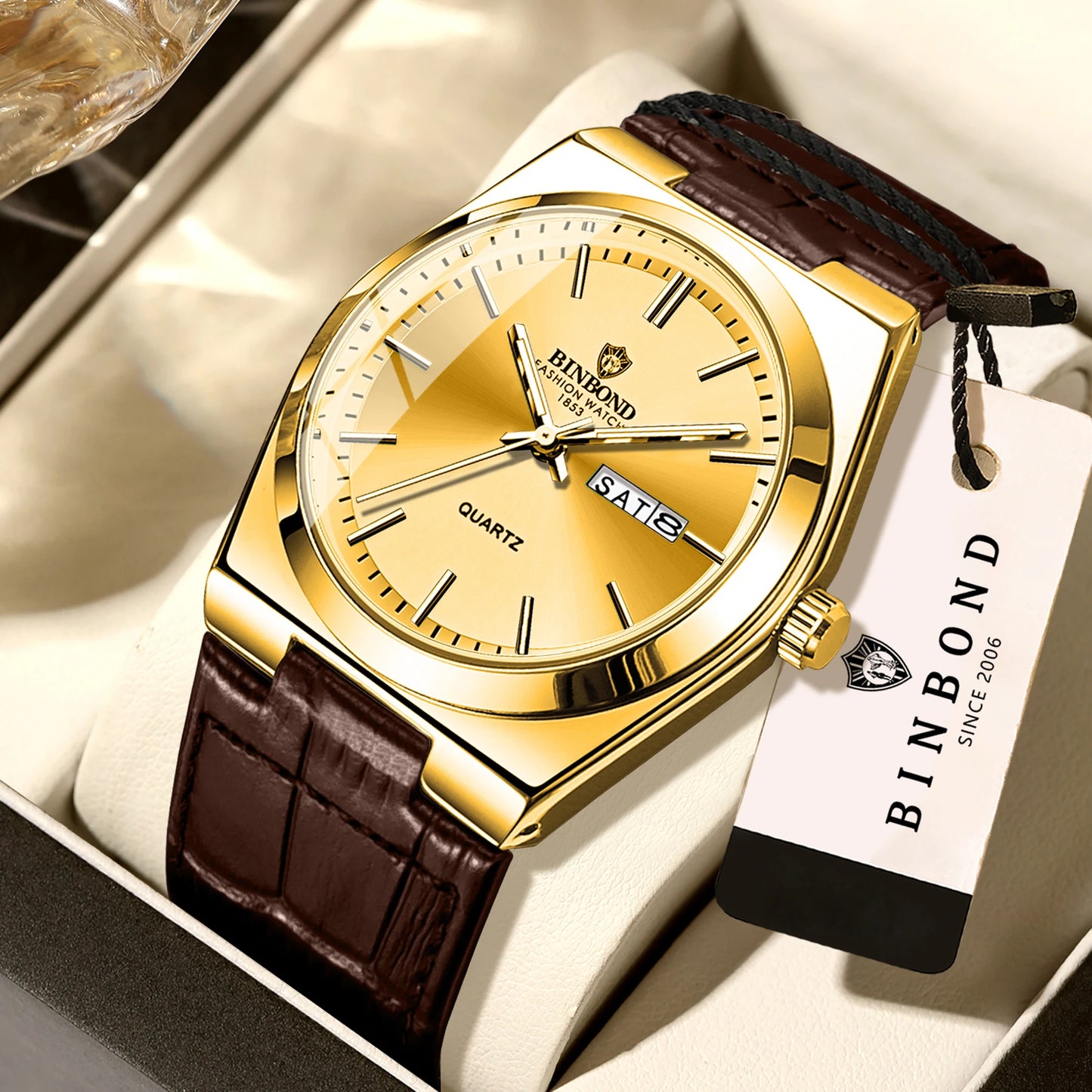 BINBOND Luxury leather strap quartz wristwatches precise luminous waterproof auto date week display durable men's watch reloj