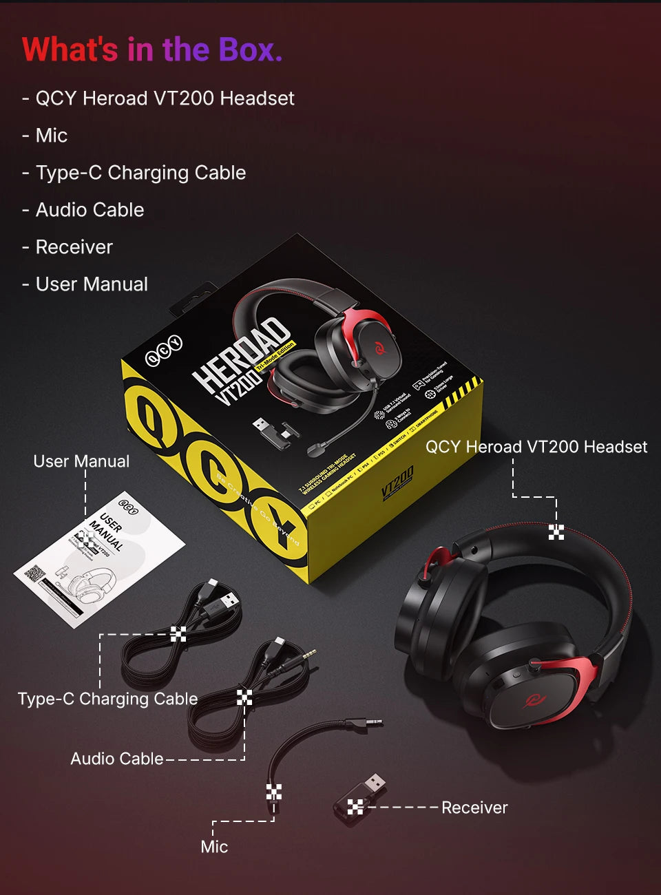 QCY Casque Gamer Sans Fil Heroad VT200 avec Microphone Détachable, Casque Over-Ear, Connexion Tri-Mode, Son Surround 7.1 pour PC, PS4 et PS5