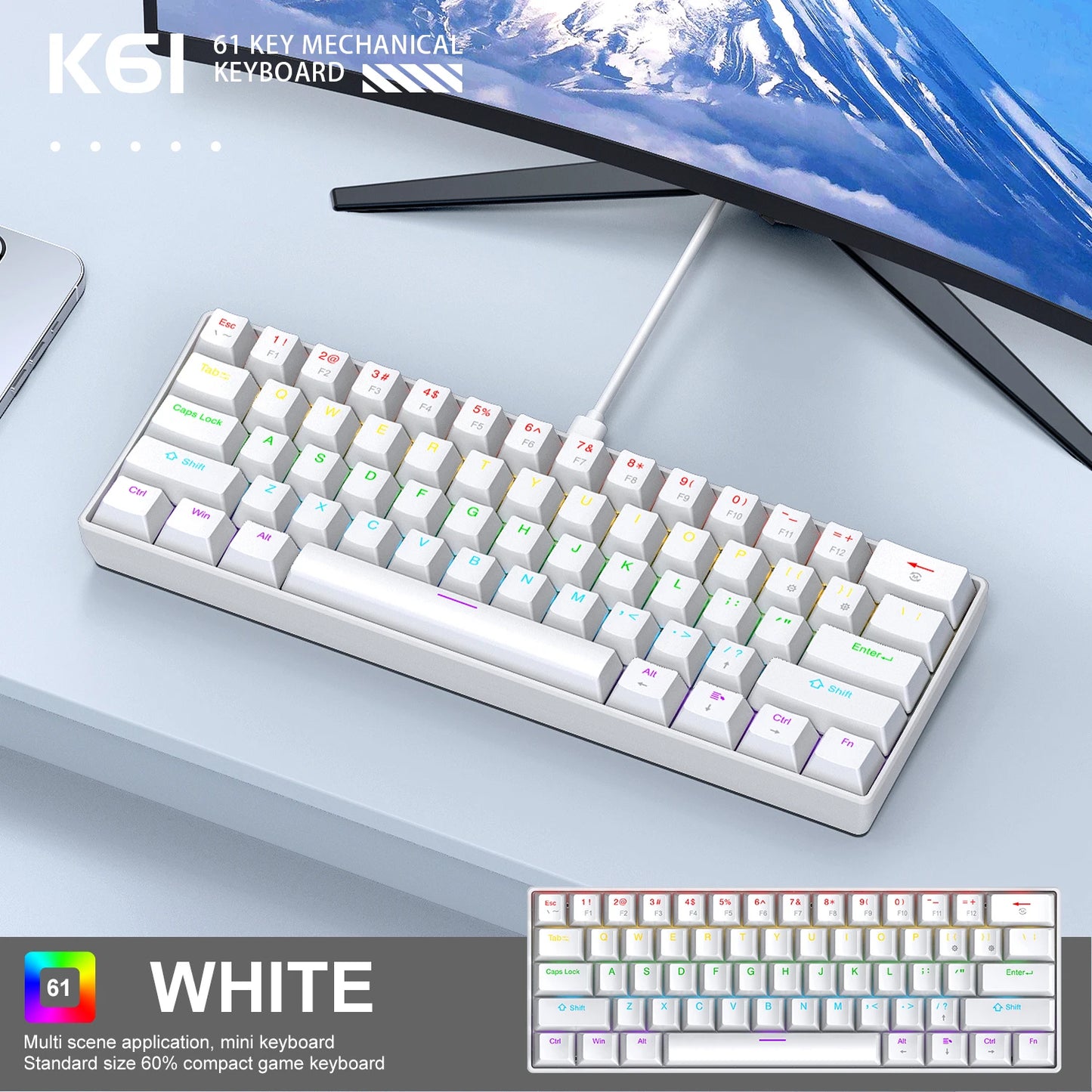 Tastiera meccanica da gaming cablata mini APAYADO K61 60% Phantom RGB, 61 tasti, switch Red/Blue, ergonomica, portatile per PC/laptop