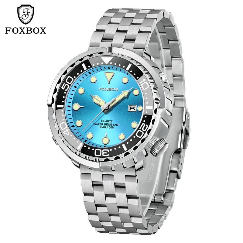 FOXBOX  Top Brand Fashion Diver Watch Men 50ATM Waterproof Date Clock Sport Watches Mens Quartz Wristwatch Relogio Masculino