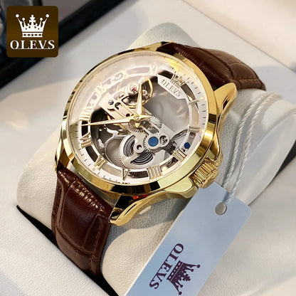 Relógio mecânico automático para homem OLEVS 6661 – Modelo esqueleto totalmente transparente com volante visível, bracelete em pele, relógio de luxo original para homem