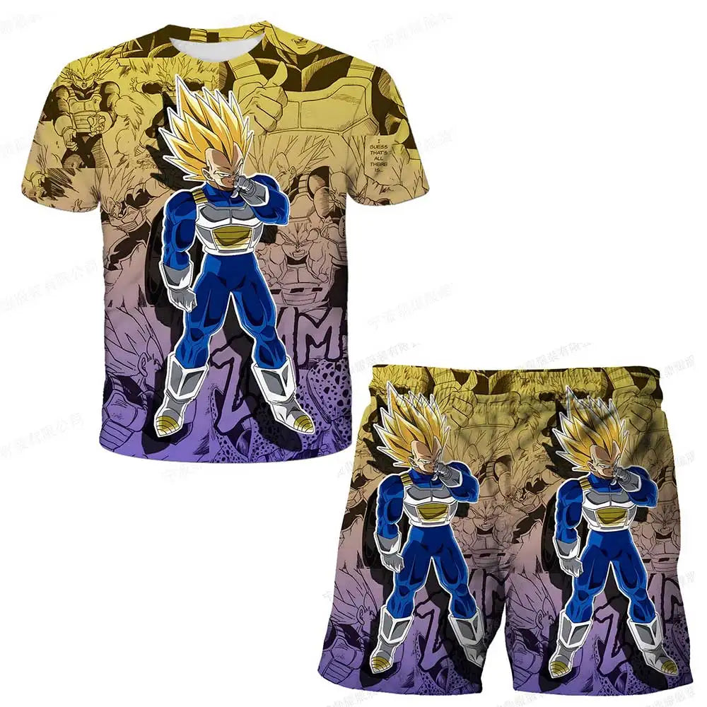 Japanisches Cartoon-Dragon-Ball-Z-T-Shirt, Kinder-Oberteil, T-Shirt- und Shorts-Zweiteiler für den Sommer, Jungen-T-Shirt + Shorts, Strandshorts