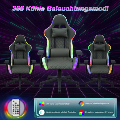 Rosahqnda Gaming Chair with Massage Function, Adjustable Office Chair, Gamer Chair with LED, Lumbar Cushion, Pillow, 150 KG