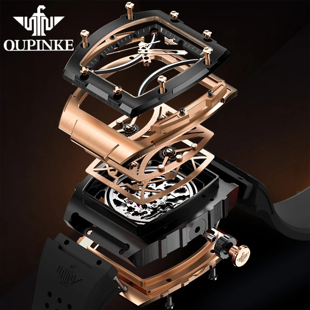OUPINKE Men's Watches Classic Luxury Tonneau Dial Top Brand Original Automatic Mechanical Wristwatch Silicone Strap Sapphire New