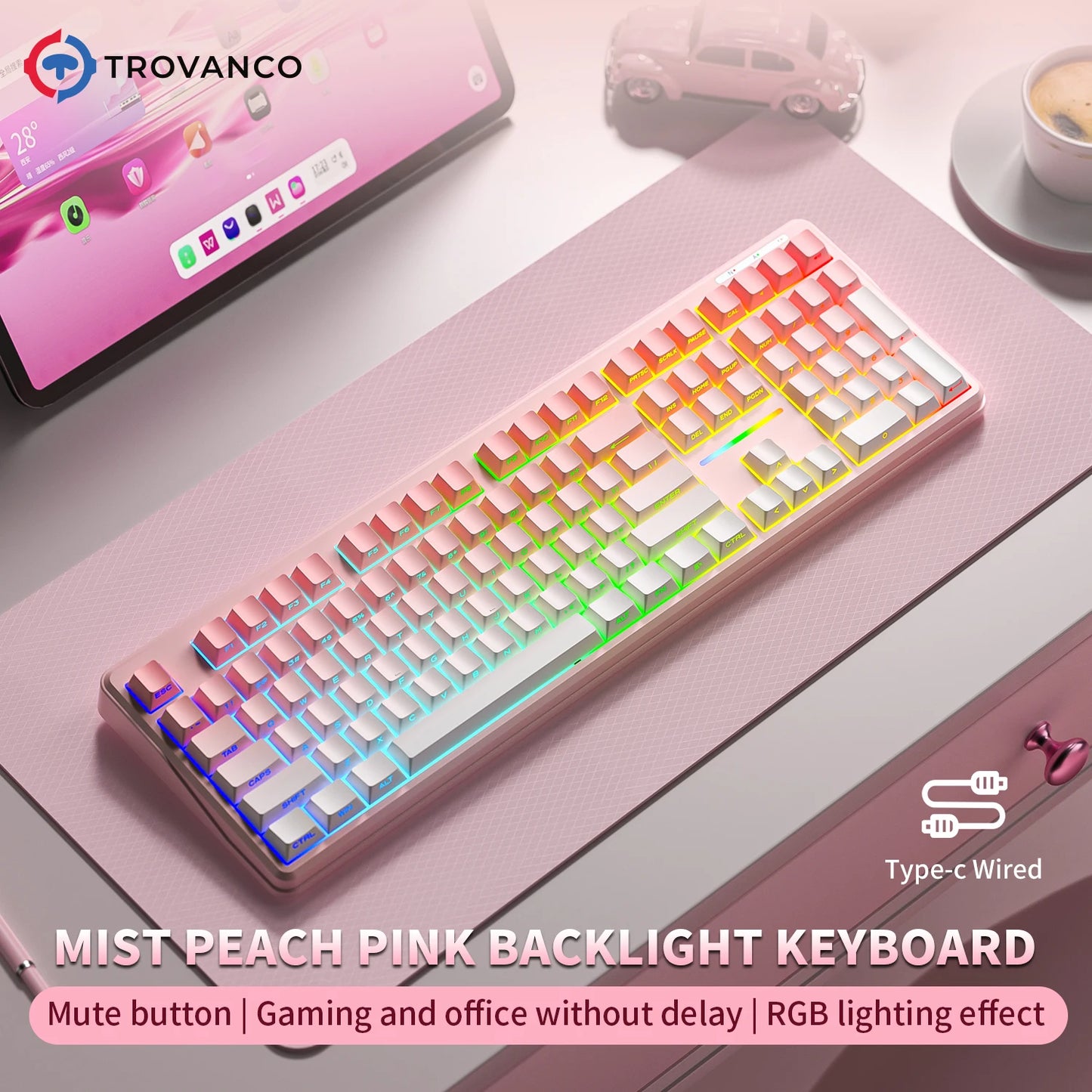 V108 Pro Bluetooth-Tastatur Büro, geräuscharm, 2.4G kabelgebunden & kabellos, vollständiges Layout mit RGB-beleuchteter Membran