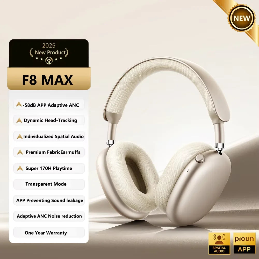 Auscultadores Sem Fios Picun F8 Pro ANC com Seguimento da Cabeça, Áudio Espacial 3D, ANC -52dB, Auscultadores Bluetooth HIFI com Microfone HD ENC, Baixa Latência e APP