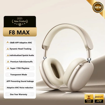 Auscultadores Sem Fios Picun F8 Pro ANC com Seguimento da Cabeça, Áudio Espacial 3D, ANC -52dB, Auscultadores Bluetooth HIFI com Microfone HD ENC, Baixa Latência e APP