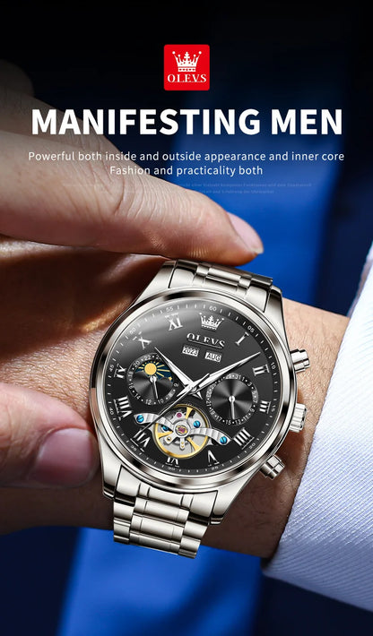 OLEVS 7005 Classic Business Mechanical Wristwatch for Men Skeleton Flywheel 24 Hour Moon Phase Calendar Luxury Men's Watch