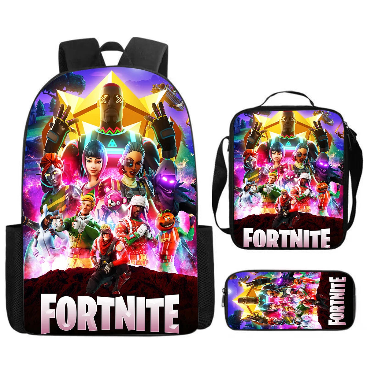 Cute Cartoon 3pcs Set School Backpack with Lunch Bag and Pencil Case, Large Anime Fortnite Kids School Bags for Boys and Girls