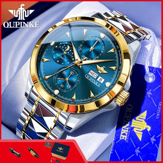 OUPINKE 3299 Automatic Man Watch Exclusive Dual Calendar Luxury Mechanical Wristwatches Moon Phase Waterproof Chronograph Watch