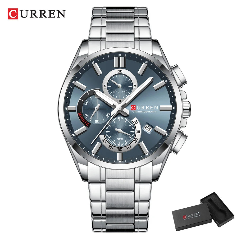 Montre homme CURREN, marque de luxe, originale, étanche, en acier inoxydable, chronographe, phase de lune, date, cadran rotatif