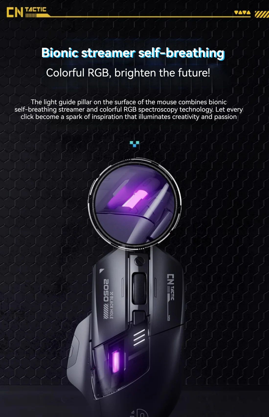 Rato Gaming Inphic A9 Pro Tri-Mode com Coluna de Luz Colorida, Indicador de Bateria, DPI Ajustável, Controlador Macro, Design Ergonómico, 12800DPI