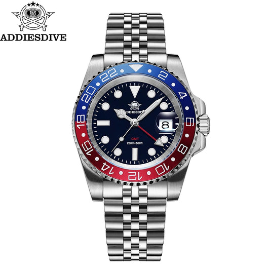 ADDIESDIVE AD2050 Men GMT Watch Swiss Ronda 515-24 BGW9 Super Luminous 20Bar Waterproof 316L Stainless Steel Quartz Watch