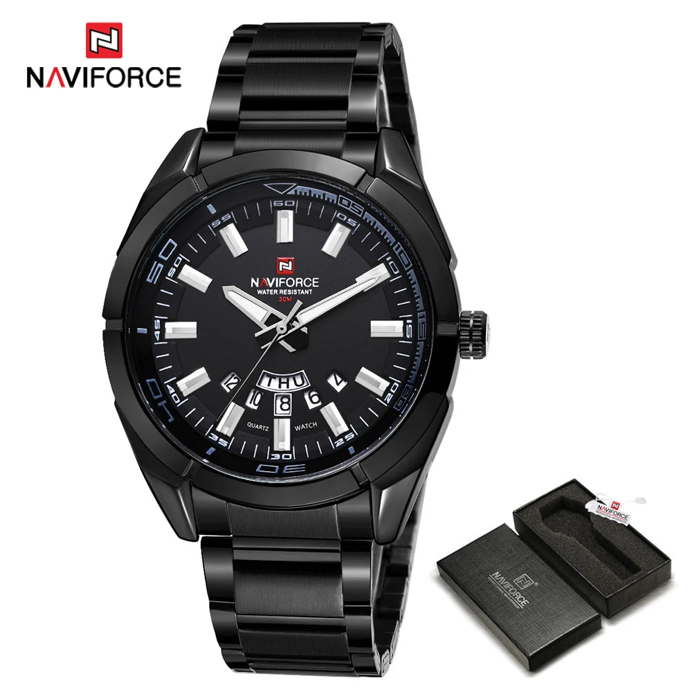 NAVIFORCE férfi karóra, teljes egészében acélból, vízálló, laza stílusú, kvarcmozgással és dátumkijelzővel – Luxus férfi karóra egy vezető márkától.