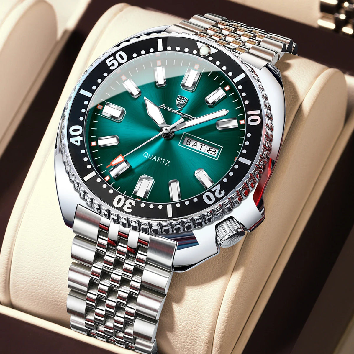 POEDAGAR luxury men’s watch, business style, with date and day of the week, water-resistant and luminous, made of stainless steel and powered by a quartz movement.