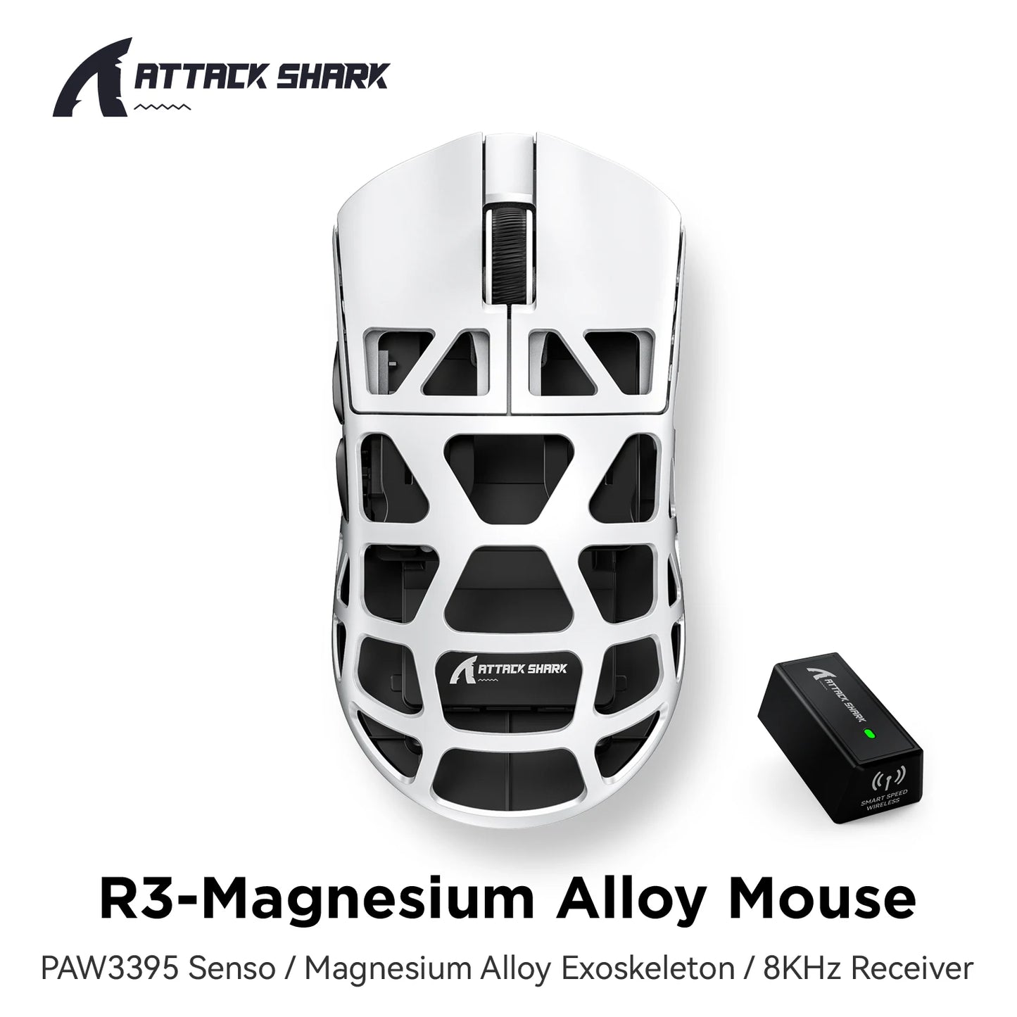 ATTACK SHARK R3 gamingmus i magnesiumlegering med bikakestruktur, ultralätt 8K Hz, PAW3395-sensor, 26000 DPI, ergonomisk skalform